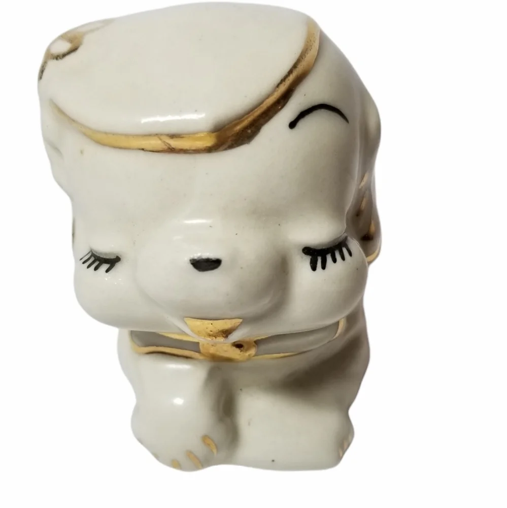 Vintage White ceramic puppy planter gold trim
